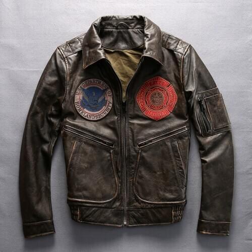 Men Winter Genuine Leather jacket Multi-standard Embroidery Flight suit lapel Slim fit Motorcycle Clothing Autumn