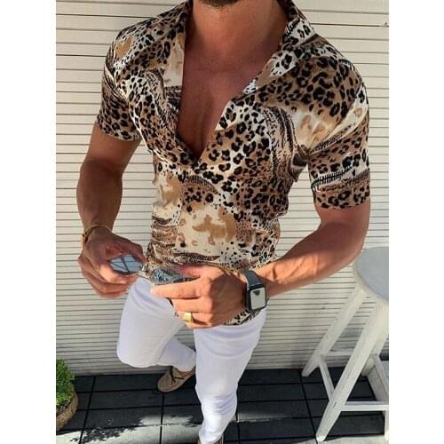Mens Leopard Printed Shirts Short Sleeve Casual Blouse Tops Party Holiday Tee M8