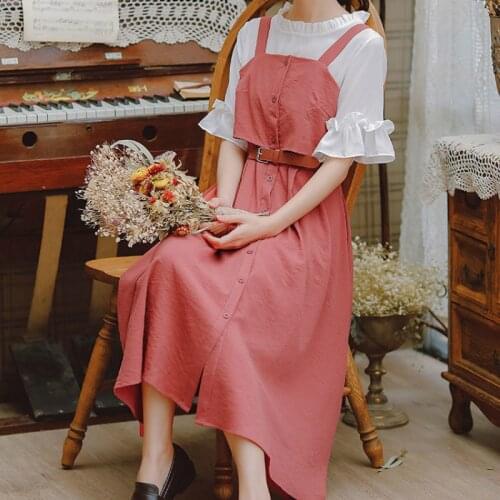 Dress Women Candy Color with Sashes Sweet Midi Students Slim Female Dresses Holiday Leisure Button Trendy Suspender Sundress