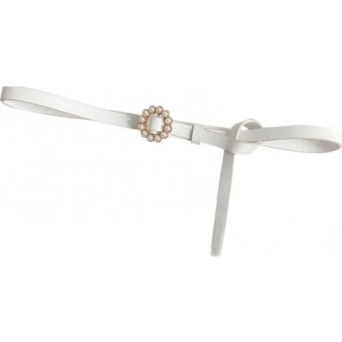 Thin Waistband Dress Matching Faux Leather Fake Pearl Round Buckle Women Waist Belt for Date