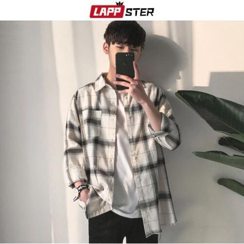 LAPPSTER Men Hip Hop Plaid Shirts 2020 Male Korean Fashion Streetwear White Shirt Male Loose Vintage Oversized Shirt Clothing