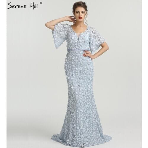 Sexy Mermaid Short Sleeves Luxury Evening Dresses Flowers Lace Pearls Fashion Elegant Formal Dress 2020 Serene Hill LA6311
