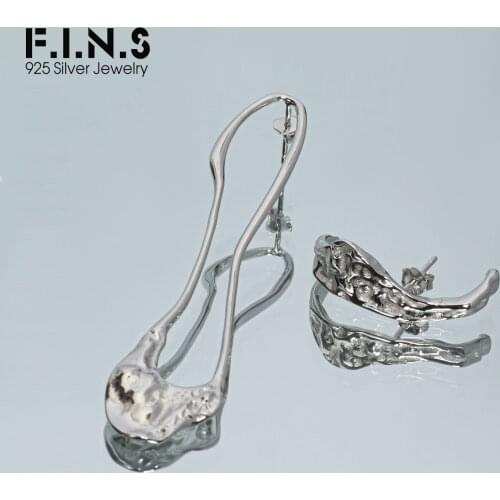 F.I.N.S Concave and Convex Surface S925 Sterling Silver Asymmetric Drop Earrings Unique Long Irregular Lines Fine Earrings