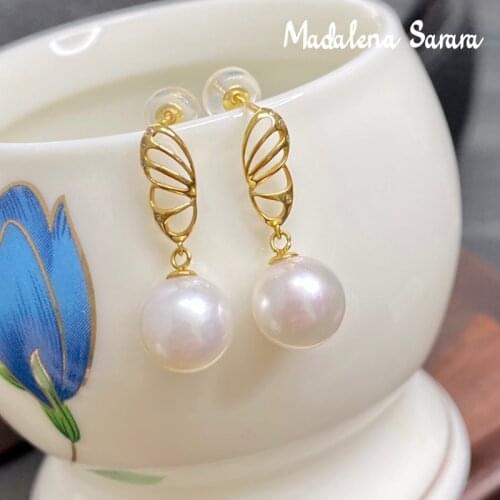 MADALENA SARARA 7-7.5mm Saltwater Pearl Women Earrings 18K Gold Butterfly Hallow Dangle Akoya Pearl Earrings