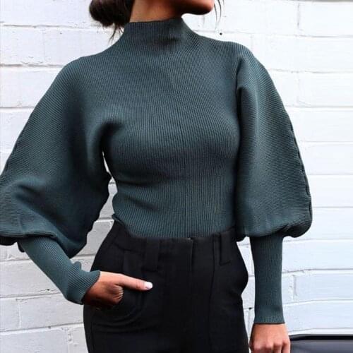 Winter Women Sweaters Lantern Long Sleeve Knitted Sweaters Turtleneck High Collar Pullovers Tops Female Loose Cropped Sweater