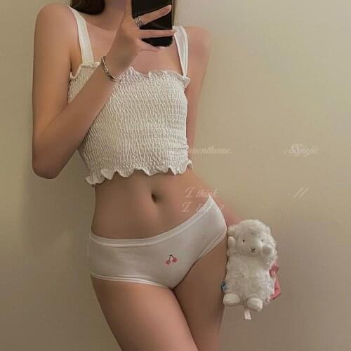 Cherry Cotton Underwear Womens Low Waist Embroidery Breathable Seamless Cotton Briefs Transparent Panties Coast Lace Cute Girl