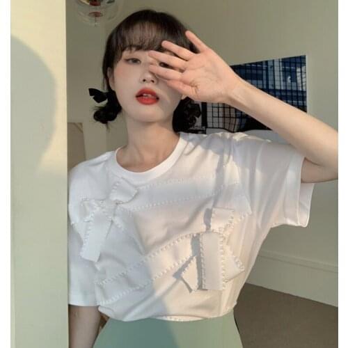 Woman Tshirts White T-shirt Womens New Design Sense Niche Bow Tie Wide Loose Short-sleeved Top Clothes
