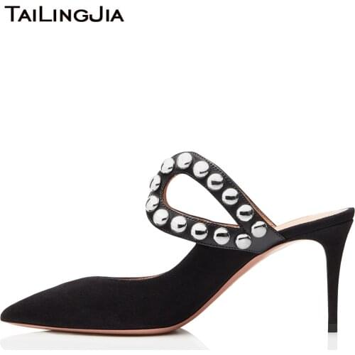 2018 Studs Studded Pumps Faux Suede Red Heeled Sandals Slides Pointed Closed Toe Slip on Ladies Womens Black Heels Mules Shoes