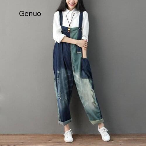 Autumn New Women Plus Size Denim Jumpsuit Vintage Patchwork Hole Wide Leg Bib Loose Cowboy Cargo Torn Overalls