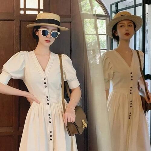 Dress Womens Spring/Summer 2021 Korean Mid-Length High Waist Lantern Sleeve Fashion V-neck Temperament Waist French Long Skirt