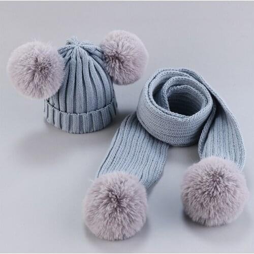 2020 Autumn Fashion Thread Childrens Winter Hat Big Hair Ball Wool Hat+Scarf 2Pcs Set Windproof Hat For A Girls Warm Boys Cap