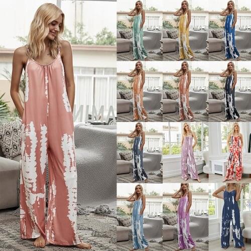 2021 Summer New Womens Clothing Tie-dye Sling Sexy Loose Loose Wide-leg Jumpsuit Casual Printing Plus Size Sleeveless Home Wear