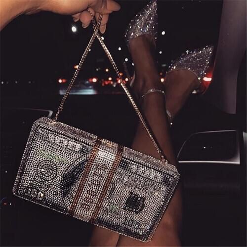 Free shipping European and American style dollar rhinestone bag new dinner lady makeup messenger bag fashion chain shoulder bag