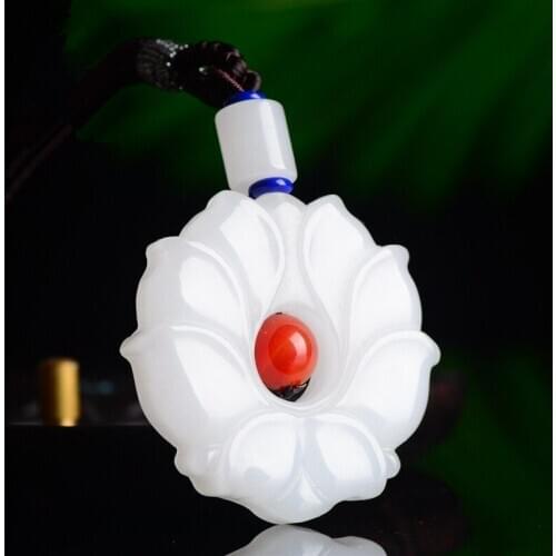 Natural white hetian jade hand-carved double-sided jade lotus sweater chain female jade pendant necklace for women jade jewelry