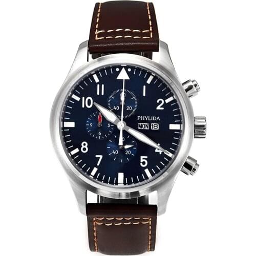 5ATM MIYOTA 45mm Pilot Watch Chronograph Day/Date Full Luminous Domed Sapphire Crystal Leather Strap Blue Dial Little Prince