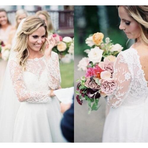 Elegant boho Wedding Dresses Long Sleeves Lace Top Open Back Modest Lace Applique Split Summer Beach Bridal Gowns