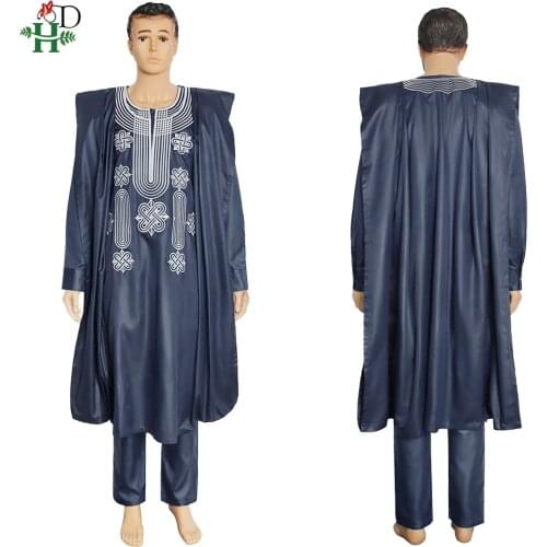 H&D African Agbada For Men Embroidery Bazin Dashiki Clothes Cover Shirt Pants 3 Pieces Mens Suit Formal Attire Bubu Robes PH809