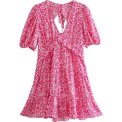 Jastie Summer Women Dress 2021 V-Neck Floral Print Puff Sleeve Hollow Back Bow Lace-Up Mini Dresses Bohemian Prom Beach Dress