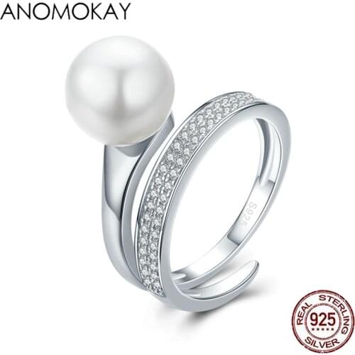 Anomokay Real 100% 925 Sterling Silver Elegant Round Pearl Finger Rings for Women Anniversary Engagement 925 Geometric Jewelry