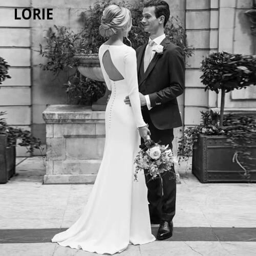 LORIE Elegant Simple Long Sleeve Wedding Dress Satin 2020 O-Neck Open Back Mermaid Bridal Gowns with Sweep Train Plus Size
