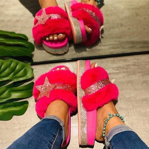 Autumn/winter new 2020 high-heel flat-bottom rhinestone fox fur soft and comfortable home durable non-slip casual women sandals