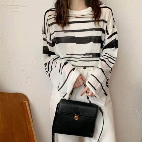 Hzirip Retro 2021 O-Neck Autumn Women Design Sense Geometric Sweater Full Sleeve Striped Knitting Sweater All-Match Gentle