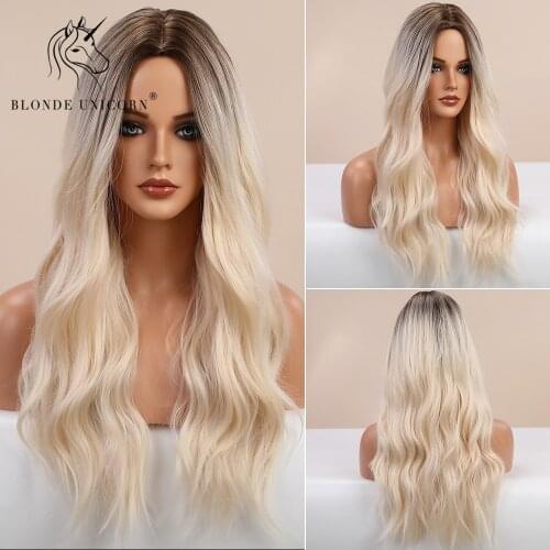 Blonde Unicorn Synthetic Long Natural Wave Wig Brown Root Ombre White for White Women Heat Resistant Fibre Cosplay Daily Hair