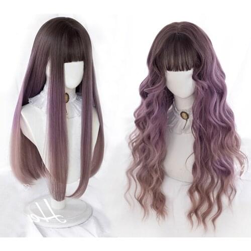 Curly Straight Gradient Purple Lolita Wig Women Long Hair Harajuku Bangs Adult Chic Girls Cosplay Daily Wear