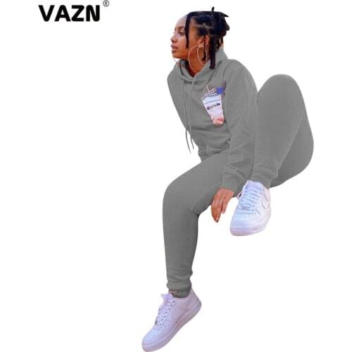 VAZN 2020 Winter High-end Casual Simple Free Daily Hooded Full Sleeve Top Long Pants Tracksuits Slim Women 2 Piece Se