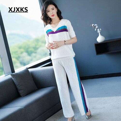 XJXKS 2020 summer new women two-piece set comfortable short-sleeved T-shirt + autumn elastic waist nine-point pants