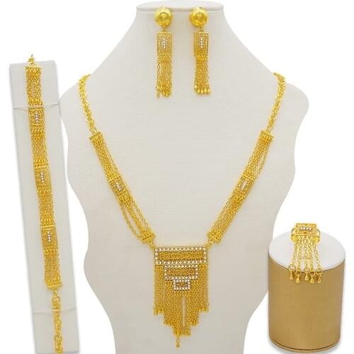 Nigeria 24K Gold Color Jewelry Sets For Women Luxury Necklace Earrings Bracelet Ring India African Wedding Gifts Ethiopia Set