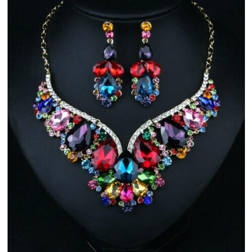 Luxury Geometric Pendant Statement Necklace Set and Earrings For Women Fashion Vintage Crystal Flower Jewelry Sets Duftgold