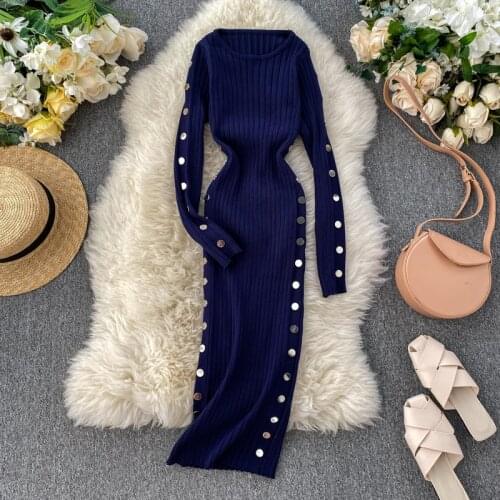 New Vintage Slim Button Autumn Winter Sweater Bodycon Knit Midi Pencil Dress Party Women Casual Long Sleeve Office Soft Vestidos