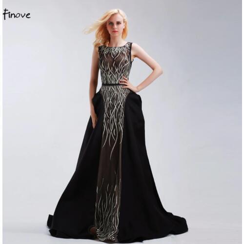 Finove Formal Evening Gowns Dresses Black Floor-Length Long Elegant 2020 New Sleeveless O-Neck A-Line Beading and Embroidery