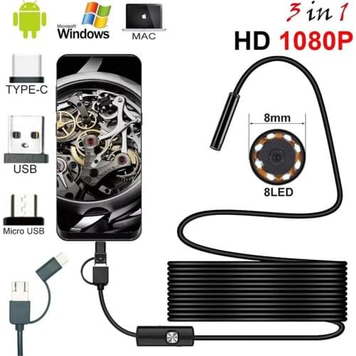 1080P HD USB Endoscope Camera With TYPE C USB Micro USB Snake Inspection Borescope Camera 8.0mm HD Lens 8 Leds For Android PC