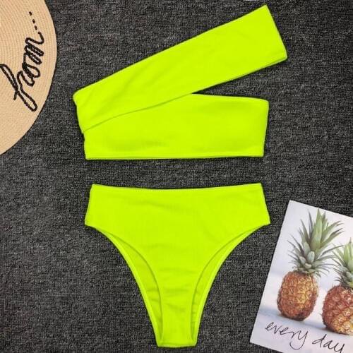 2020 Sexy Neon Green High Waist Bikini Women Ribbed Swimsuit one shoulder Swimwear Female bikini set Brazilian Bathing Suit swim