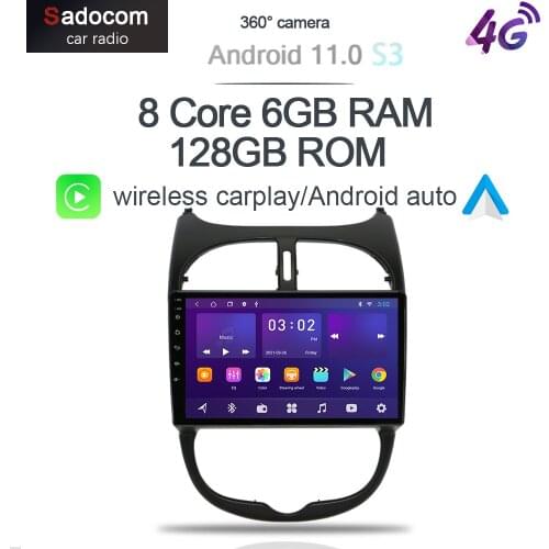 360 Camera wireless CarPlay DSP Android 10 Car Radio 6G+128G For Peugeot 206 2001-2008 4G LTE Multimedia Player GPS RDS Stereo