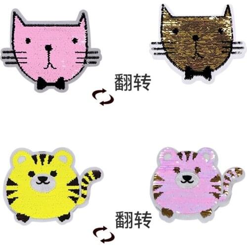 2PCS Cutie Cat Sequins EMB Applique Sew On Patch DIY Embroidered Bling Bling Cat double-faced Reversible Apparel Accessories
