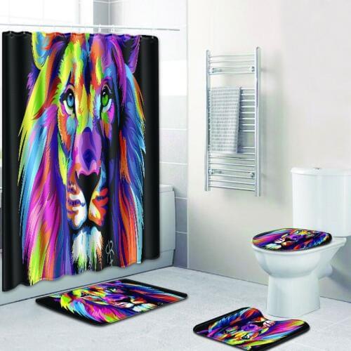 4Pcs/Set Colorful Lion Pattern Nonslip Bathroom Mat Shower Curtain Set