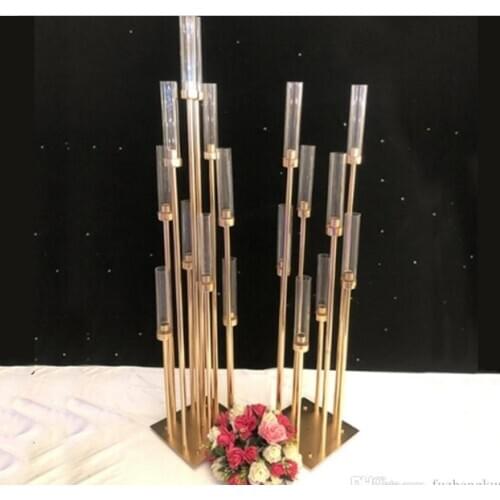 6pcs/lot 8 Heads Metal Candelabra Gold Candle Holder Acrylic Wedding Table Centerpiece Candle Holders Candelabrum Decoration