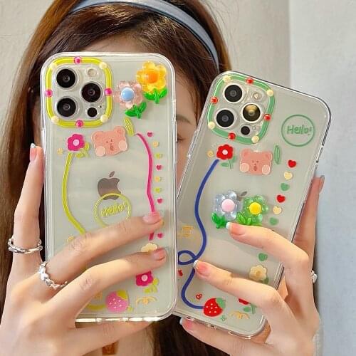3D Bear Crystal Flower Candy Strawberry Phone Case For iPhone 12 Mini 12 11 ProMax XR X XS 8 Plus Shockproof Soft Silicone Shell