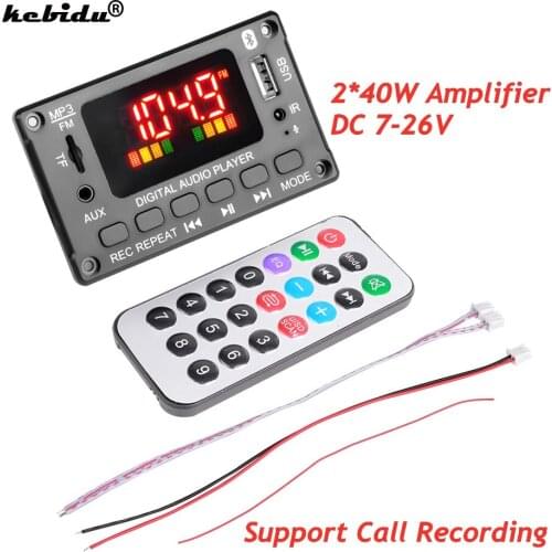 DC 7-26V 2x40W Amplifier MP3 Decoder Board Call Recording TF FM Radio Bluetooth Wireless Audio Module Big Color Screen For Car