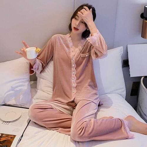 Fdfklak Long Sleeve Homewear Outdoor Casual Two-Piece Suit Women Pijamas Autumn winter New Gold Velvet Pajamas Suit