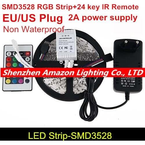 5M 3528 RGB 300 Led SMD Flexible Light Strip Lamp+24 key IR+12V 2A Power Supply