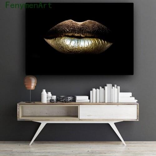 Golden Lips Canvas Painting Black Gold Wall Art Sexy Lips Posters and Prints Beauty Makeup Pictures for Living Room Home Decor