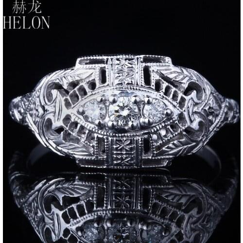 HELON Three Stone Solid 14K White Gold Test Positive Moissanite Diamond Engagement Ring Vintage Fine Jewelry Moissanite Ring