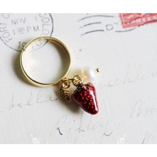 Ring Strawberry Pearl Charms Vintage Rings Adjustable Goth Jewelry