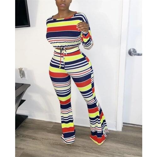 CHRONSTYLE Women Tracksuit Striped 2 Pieces Set Sexy O-neck Long Sleeve T-shirt Crop Tops High Waist Long Flared Pants Trousers