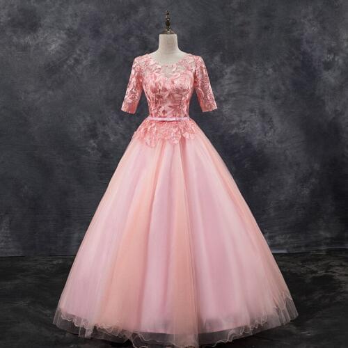 Fashion Lace Embroidery Quinceanera Dresses Elegant O Neck Formal Ball Gown Noble Tulle Half Sleeve Party Prom Dress