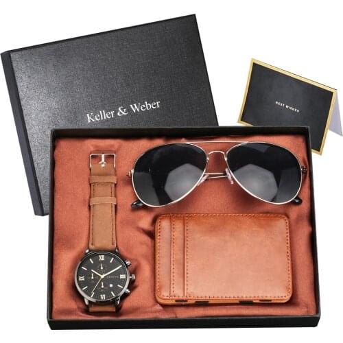 Keller & Weber Mens Gift Set with Box Quartz Watches Magic Card Pack Fashion Sunglasses Wristwatch Gifts for Father Lover
